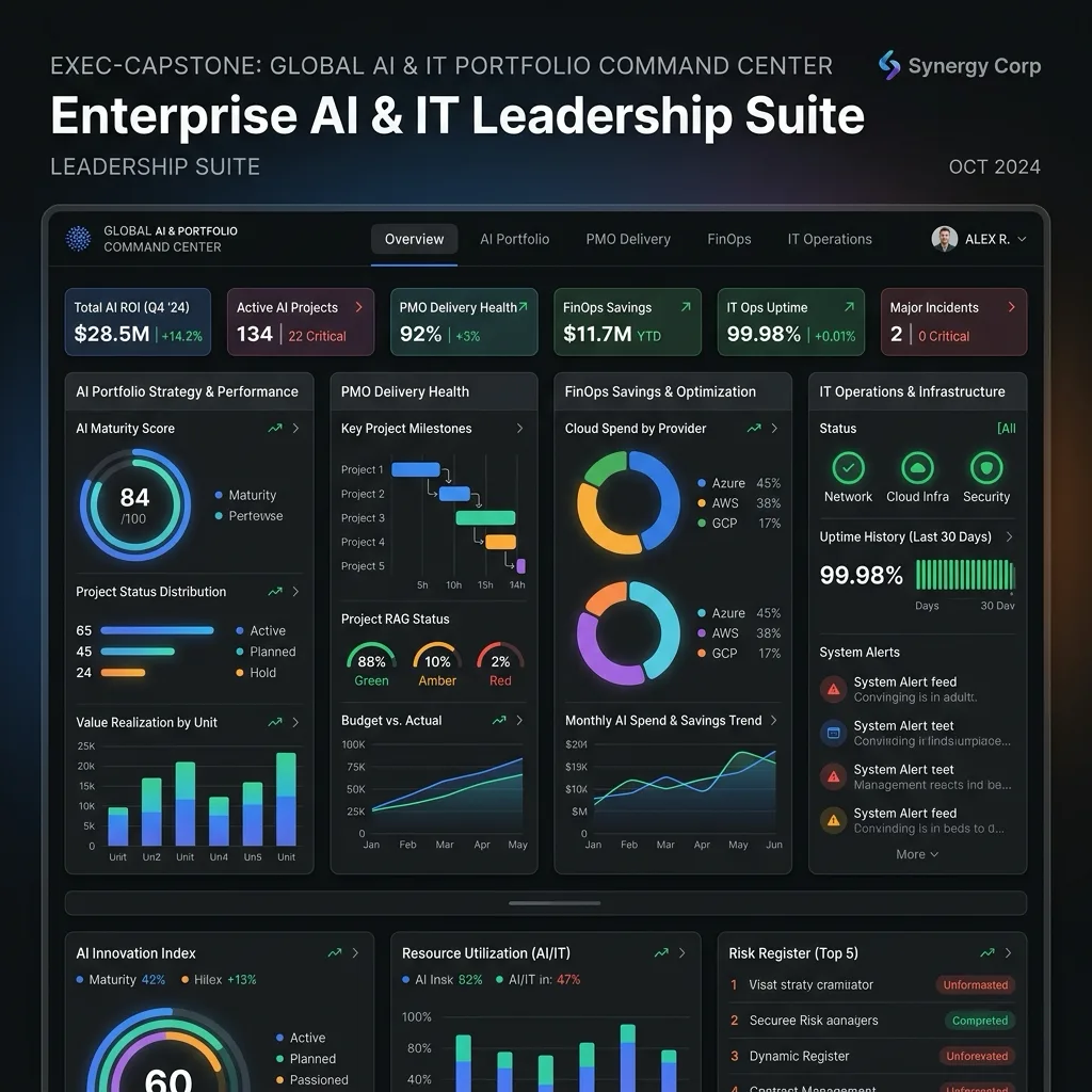 Vista previa del dashboard ejecutivo de Enterprise AI and IT Leadership Suite